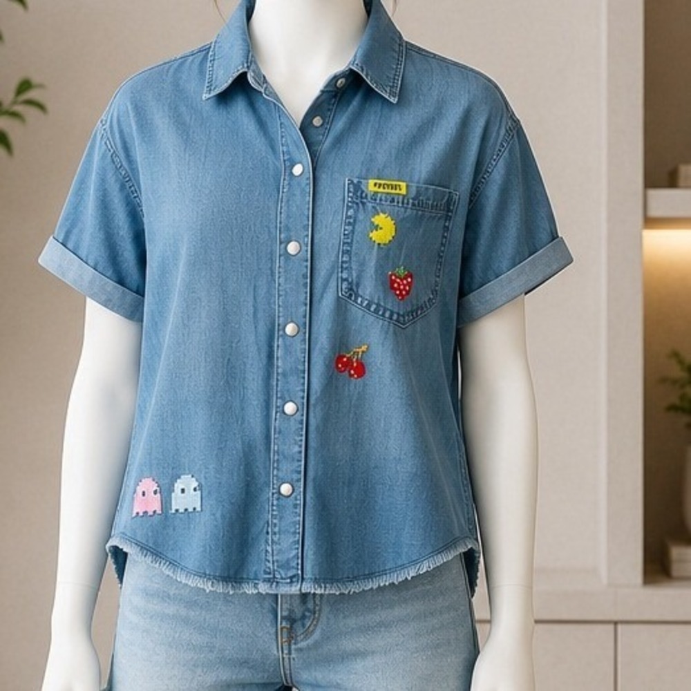 Justice Girls Denim Shirt Pac-Man Embroidery Raw Hem Blue S 7/8